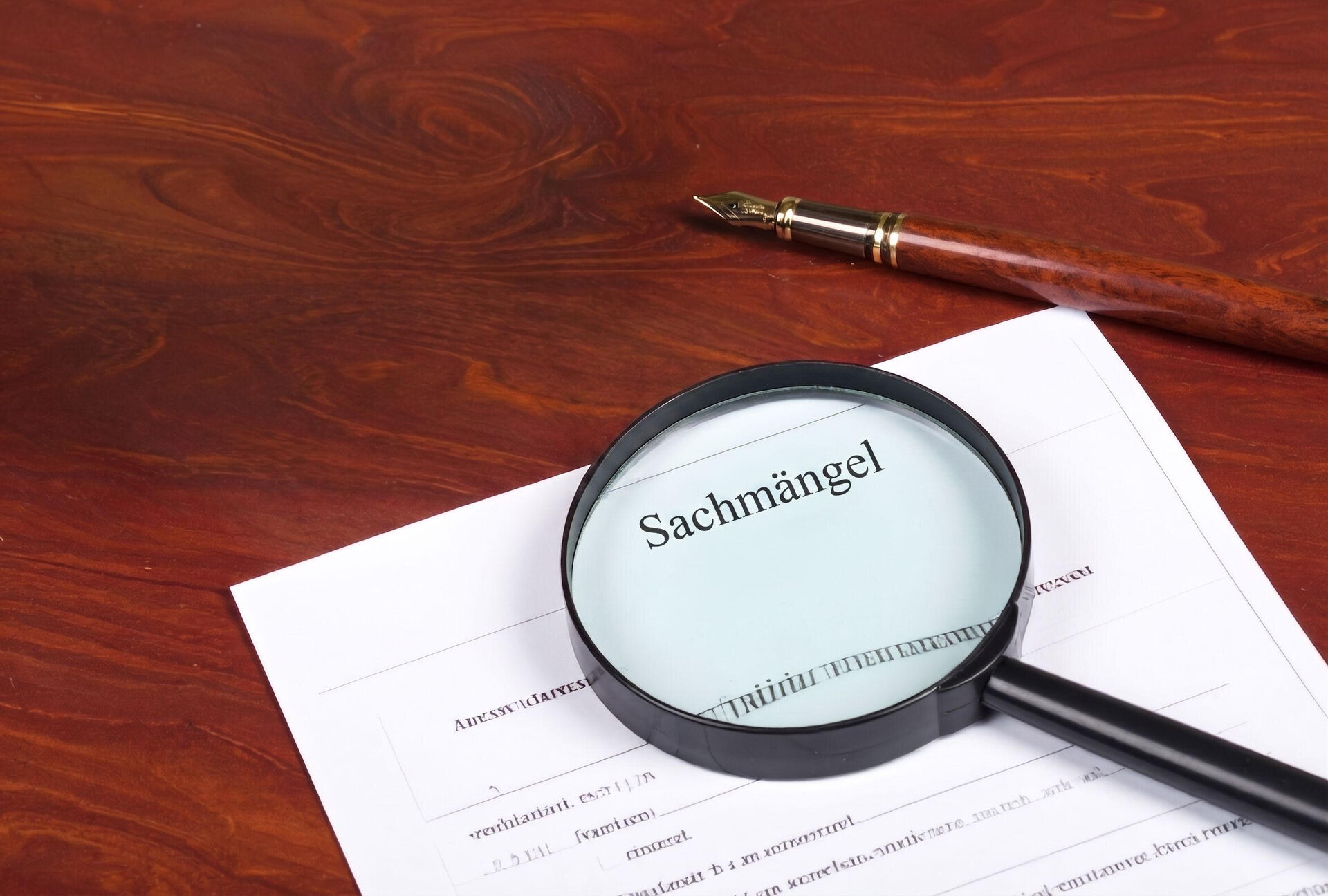 Lupe über einem Dokument mit dem Begriff „Sachmängel“ als Symbol für Haftungsausschluss, Immobilienk